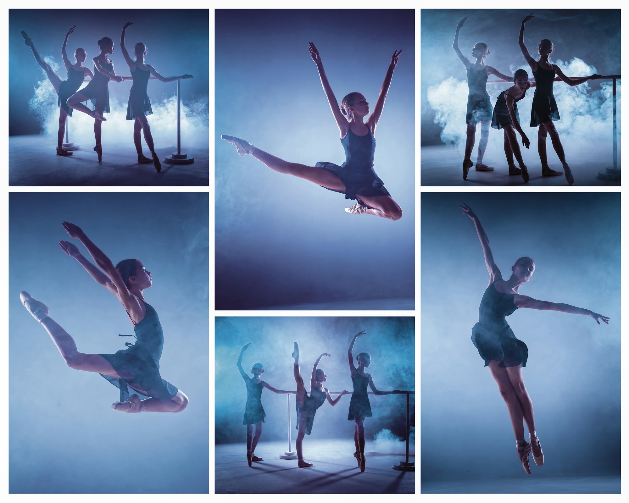 The collage from images of young ballerinas stretching on the bar