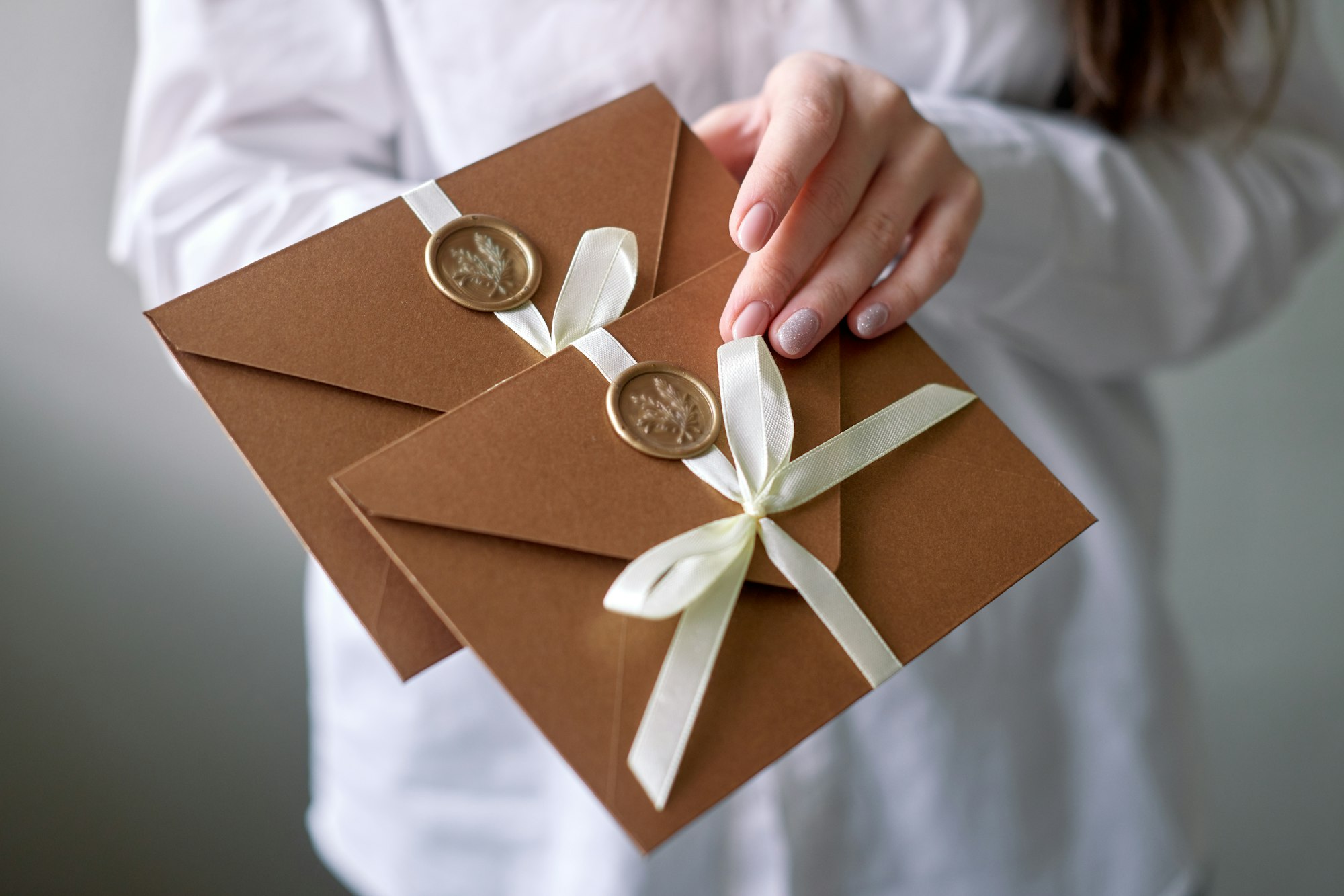 woman hold invitation envelope with ribbon and wax seal, gift certificate, wedding invitation card