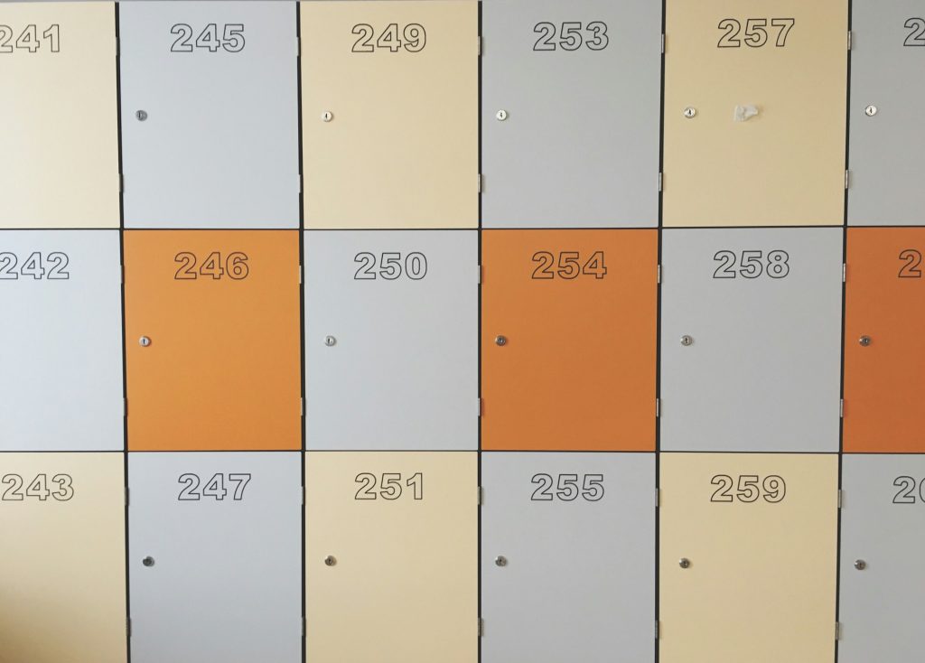 Multicolored lockers with sequential numbers